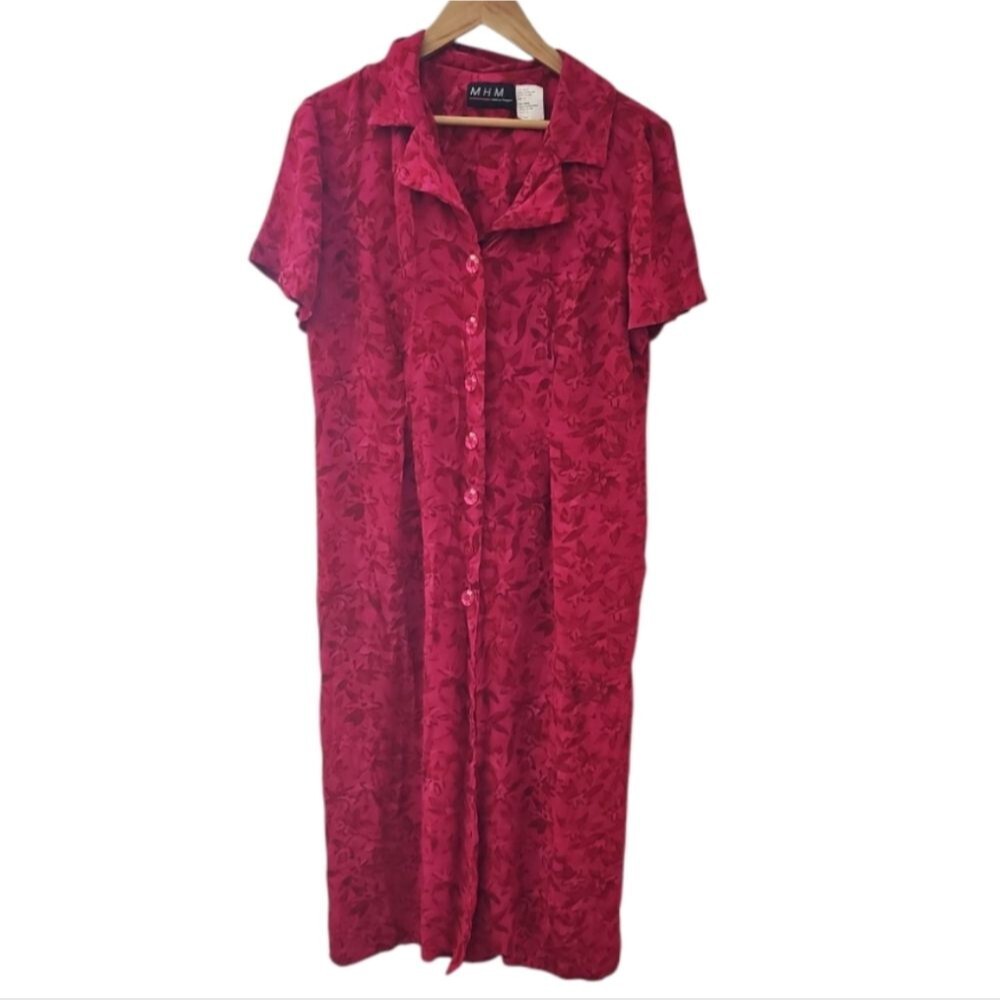 M.H.M. Melissa Harper 100% Rayon Button Front Midi Dress 12 Raspberry Red Floral